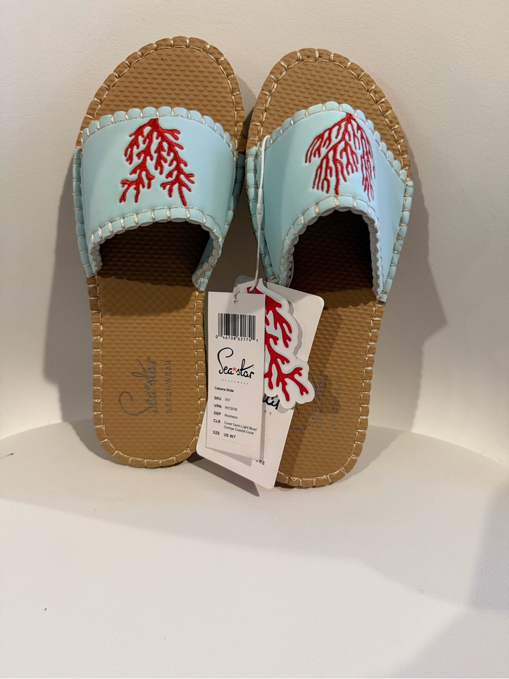 ☀️🌊 Sea Star Light Blue Coral Slide Sandals NWT